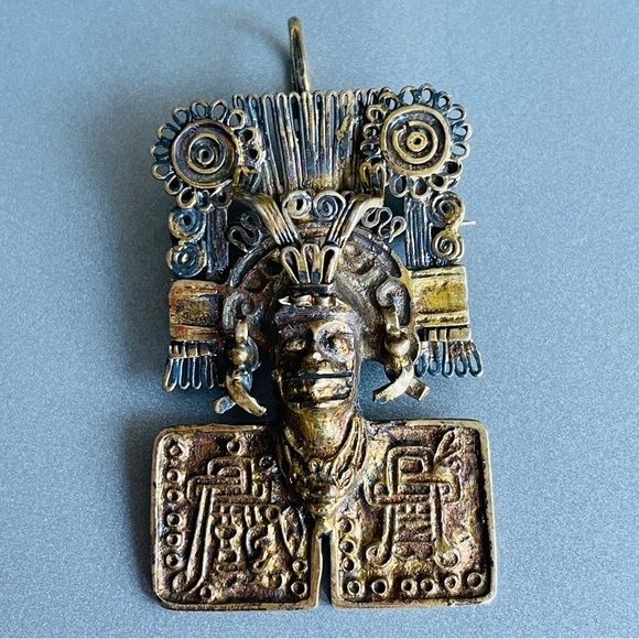 Jewelry - Mictlantecuhtli Aztec God of Death Sterling Silver Gold Pl Brooch Pendan…
